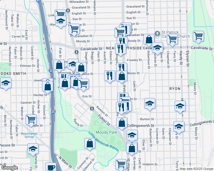 map of restaurants, bars, coffee shops, grocery stores, and more near 4219 Averill Street in Houston