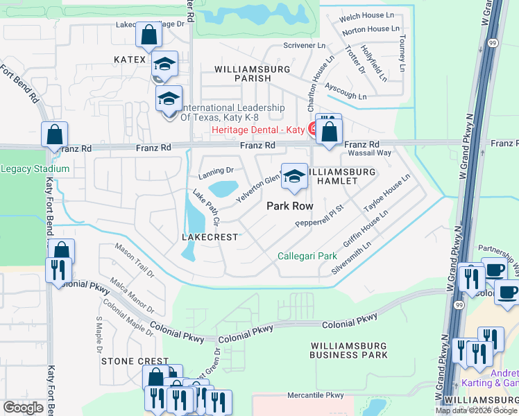 map of restaurants, bars, coffee shops, grocery stores, and more near 1742 Great Meadows Drive in Katy