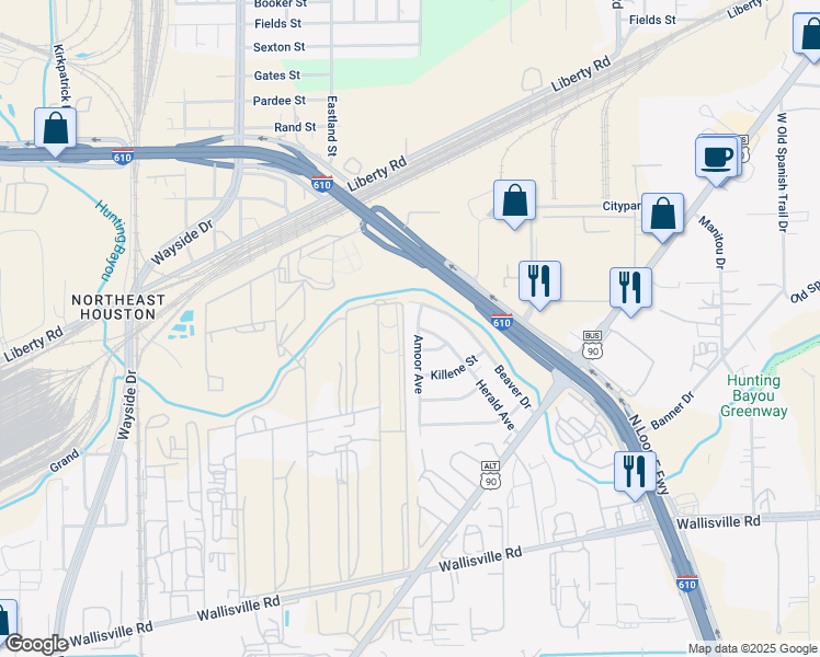 map of restaurants, bars, coffee shops, grocery stores, and more near 4111 Amoor Avenue in Houston