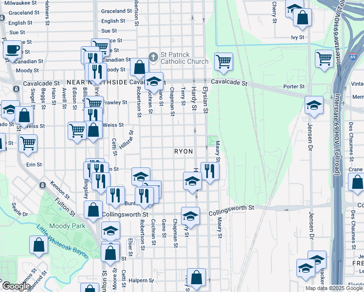 map of restaurants, bars, coffee shops, grocery stores, and more near 4219 Terry Street in Houston
