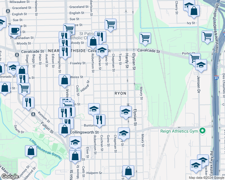 map of restaurants, bars, coffee shops, grocery stores, and more near 4218 Gano Street in Houston