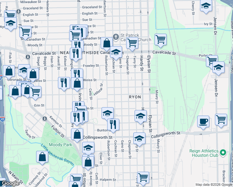 map of restaurants, bars, coffee shops, grocery stores, and more near 4219 Cochran Street in Houston