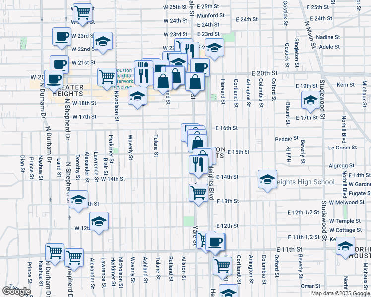 map of restaurants, bars, coffee shops, grocery stores, and more near 1528 Allston Street in Houston