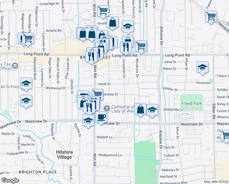 map of restaurants, bars, coffee shops, grocery stores, and more near 1528 Johanna Drive in Houston
