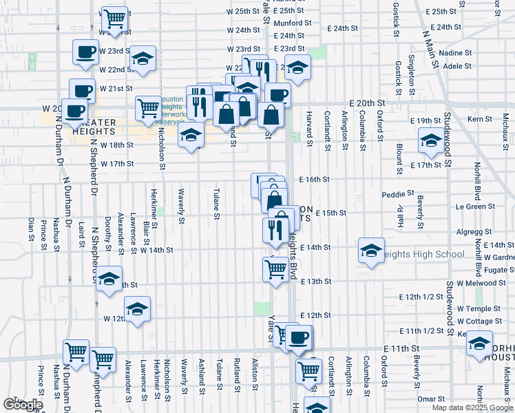 map of restaurants, bars, coffee shops, grocery stores, and more near 1528 Allston Street in Houston