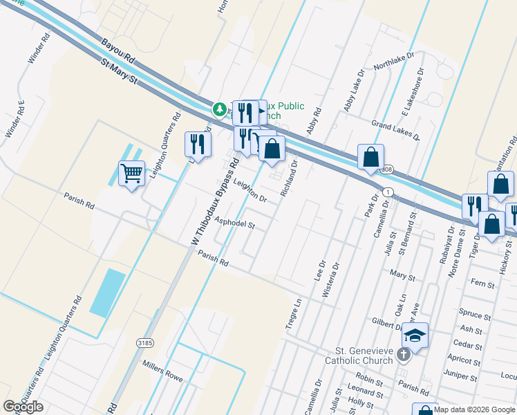 map of restaurants, bars, coffee shops, grocery stores, and more near 202 Leighton Drive in Thibodaux