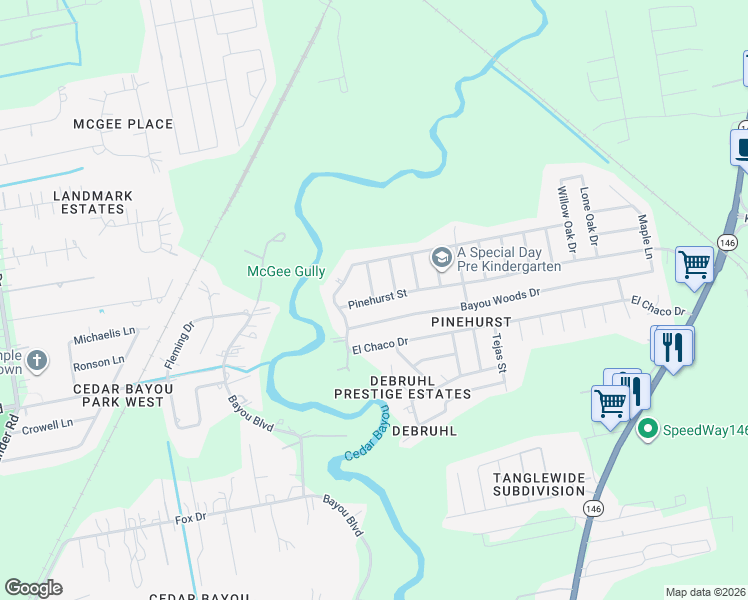 map of restaurants, bars, coffee shops, grocery stores, and more near 7315 Mulberry Lane in Baytown