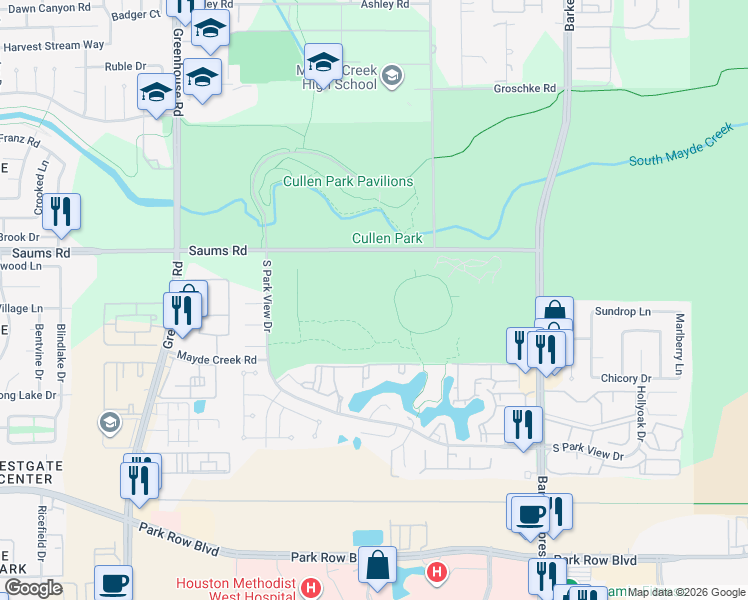 map of restaurants, bars, coffee shops, grocery stores, and more near 18863 Saums Road in Houston
