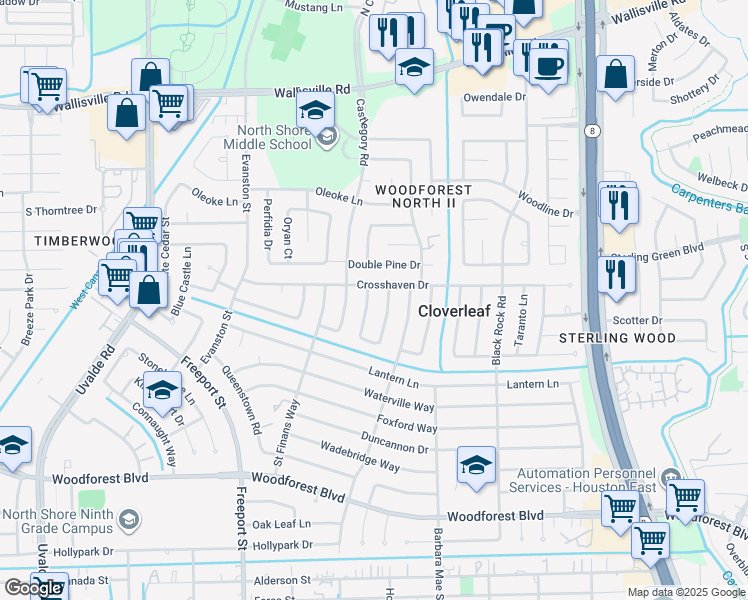 map of restaurants, bars, coffee shops, grocery stores, and more near 203 Andorra Lane in Houston