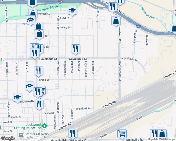 map of restaurants, bars, coffee shops, grocery stores, and more near 4205 Majestic Street in Houston