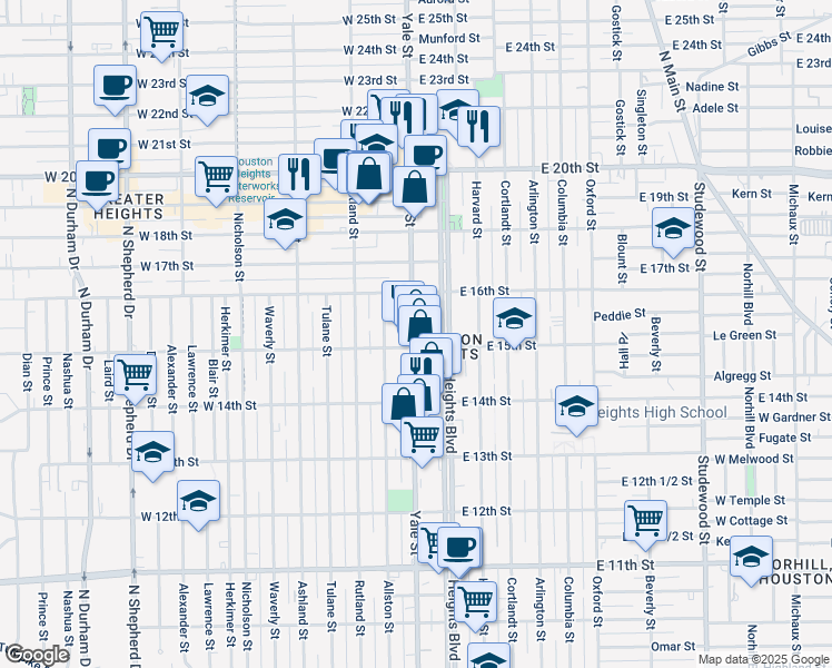 map of restaurants, bars, coffee shops, grocery stores, and more near 1522 Yale Street in Houston