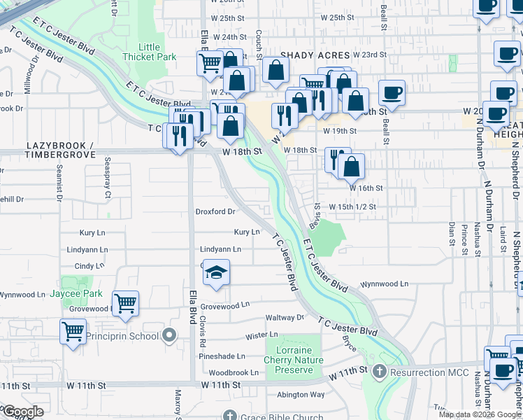map of restaurants, bars, coffee shops, grocery stores, and more near 1660 West T C Jester Boulevard in Houston