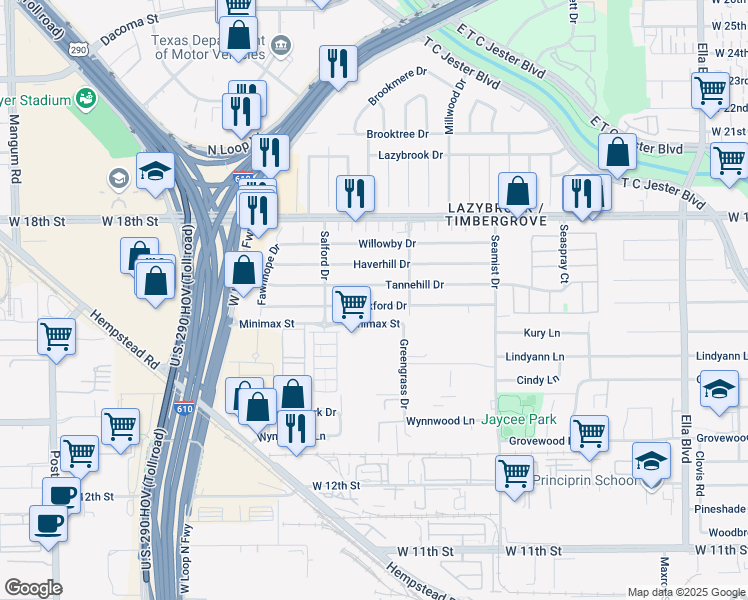 map of restaurants, bars, coffee shops, grocery stores, and more near 2430 Tannehill Drive in Houston