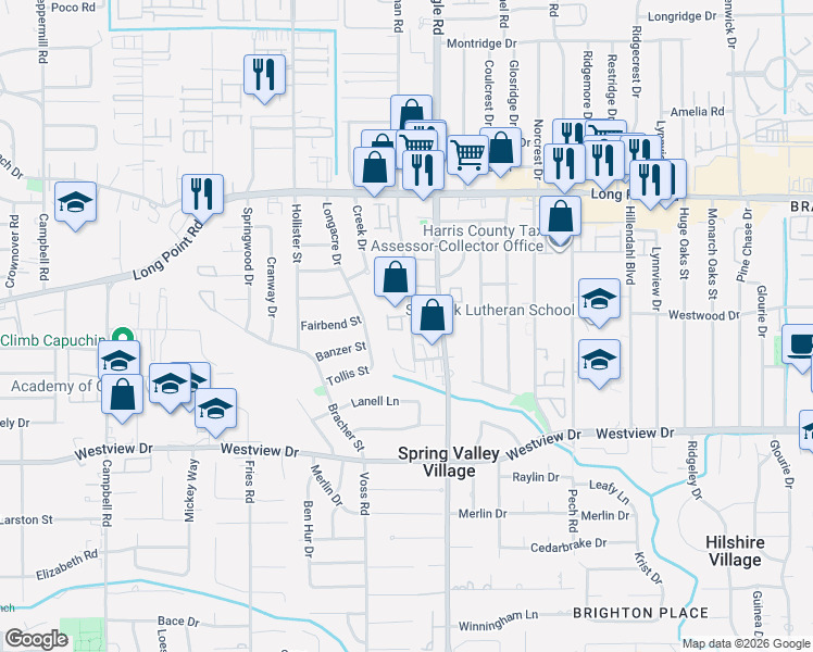 map of restaurants, bars, coffee shops, grocery stores, and more near 8706 Strongoak Lane in Houston