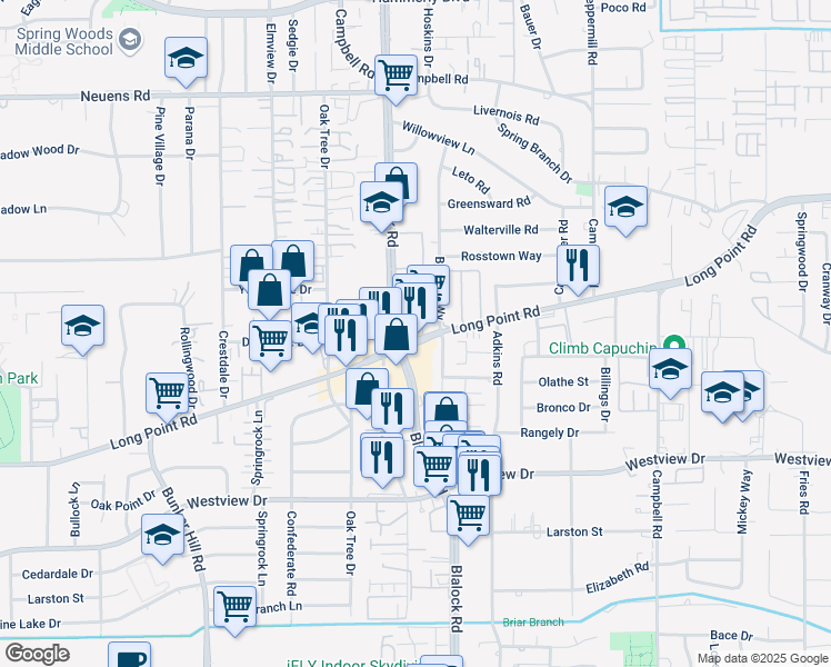 map of restaurants, bars, coffee shops, grocery stores, and more near 9348 Long Point Road in Houston