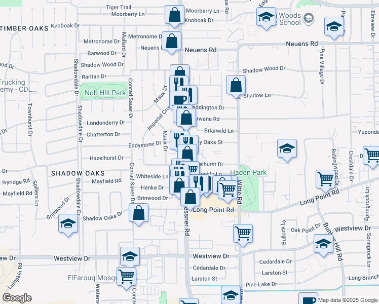 map of restaurants, bars, coffee shops, grocery stores, and more near 10057 Lazy Oaks Street in Houston