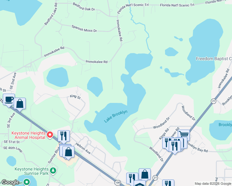 map of restaurants, bars, coffee shops, grocery stores, and more near 7229 Pleasant Point Road in Keystone Heights