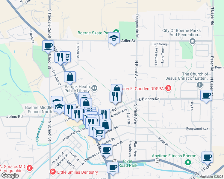 map of restaurants, bars, coffee shops, grocery stores, and more near 125 Autumn Ridge in Boerne