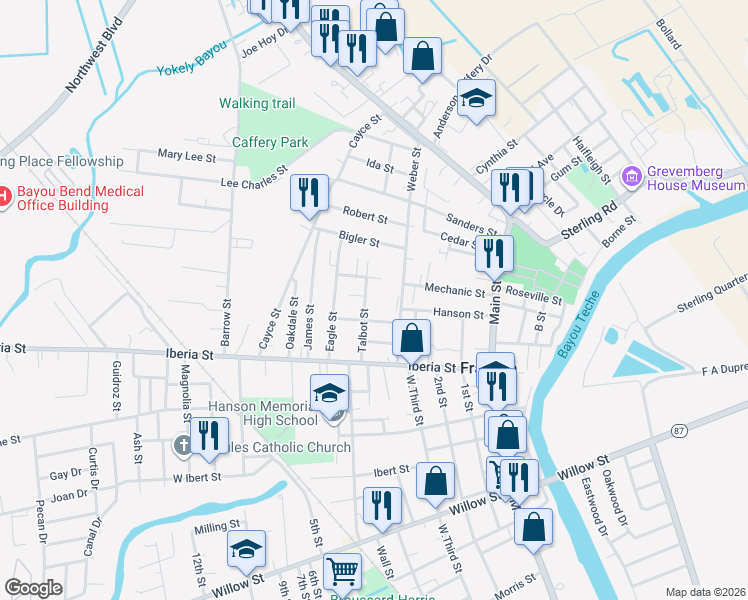 map of restaurants, bars, coffee shops, grocery stores, and more near 601 Pecot St in Franklin