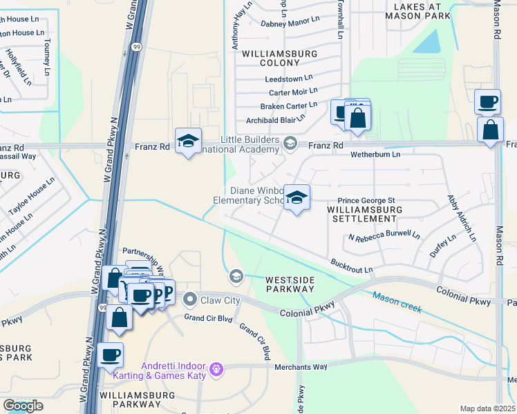 map of restaurants, bars, coffee shops, grocery stores, and more near 22818 Spatswood Lane in Katy