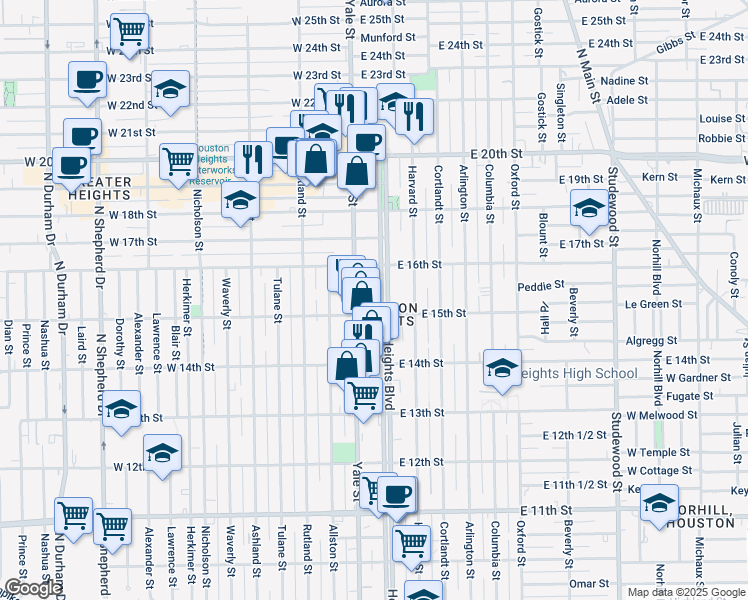 map of restaurants, bars, coffee shops, grocery stores, and more near 1522 Yale Street in Houston
