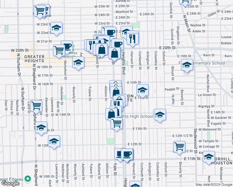map of restaurants, bars, coffee shops, grocery stores, and more near 1522 Yale Street in Houston
