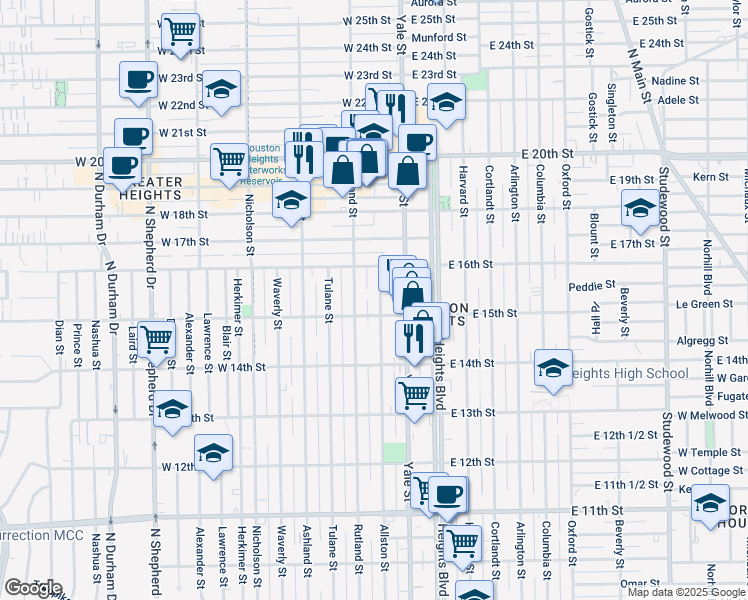 map of restaurants, bars, coffee shops, grocery stores, and more near 1528 Allston Street in Houston