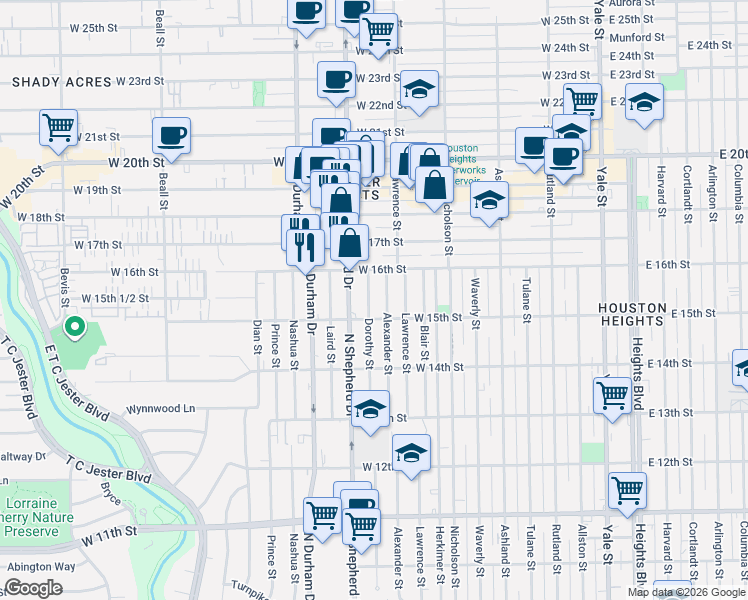map of restaurants, bars, coffee shops, grocery stores, and more near 1534 Dorothy Street in Houston
