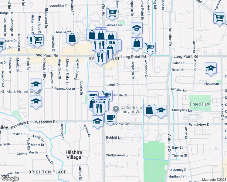 map of restaurants, bars, coffee shops, grocery stores, and more near 1527 Baggett Lane in Houston