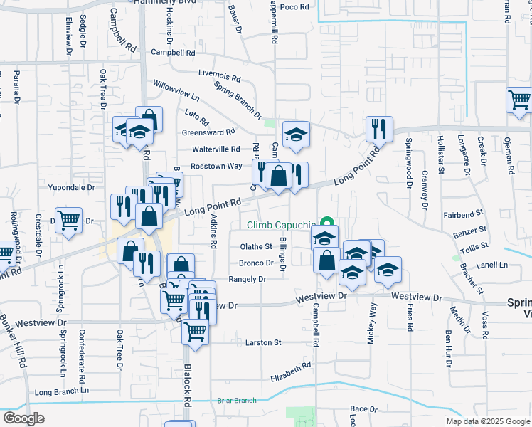 map of restaurants, bars, coffee shops, grocery stores, and more near 9227 Long Point Road in Houston