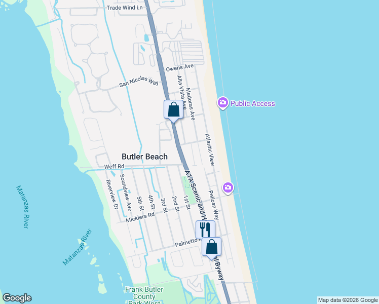 map of restaurants, bars, coffee shops, grocery stores, and more near 5213 Medoras Avenue in St. Augustine
