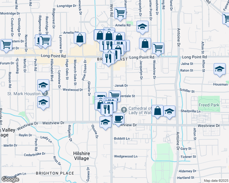 map of restaurants, bars, coffee shops, grocery stores, and more near 1527 Baggett Lane in Houston