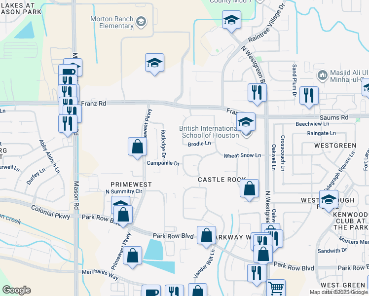 map of restaurants, bars, coffee shops, grocery stores, and more near 20918 Brodie Lane in Katy