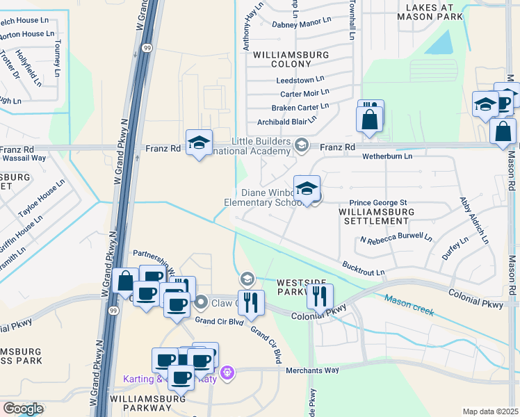 map of restaurants, bars, coffee shops, grocery stores, and more near 22818 Spatswood Lane in Katy