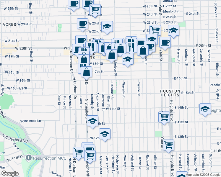 map of restaurants, bars, coffee shops, grocery stores, and more near 1526 Herkimer Street in Houston
