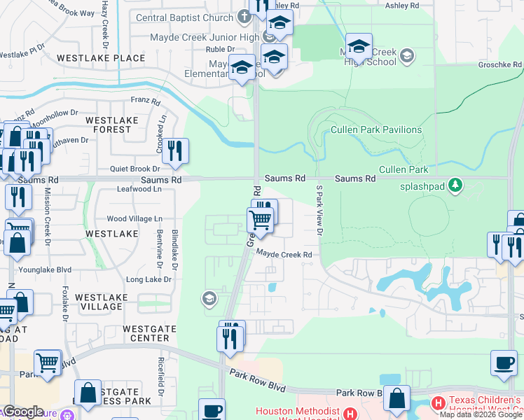 map of restaurants, bars, coffee shops, grocery stores, and more near 2500 Greenhouse Road in Houston