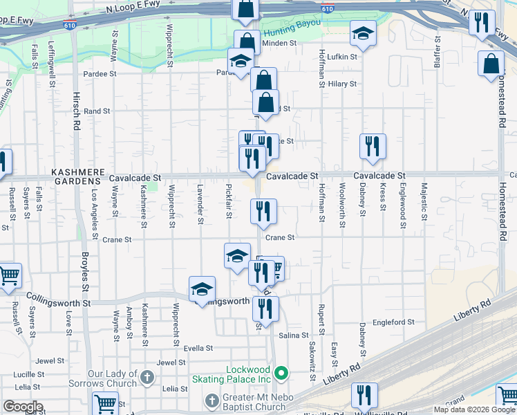 map of restaurants, bars, coffee shops, grocery stores, and more near 4147 Lockwood Drive in Houston
