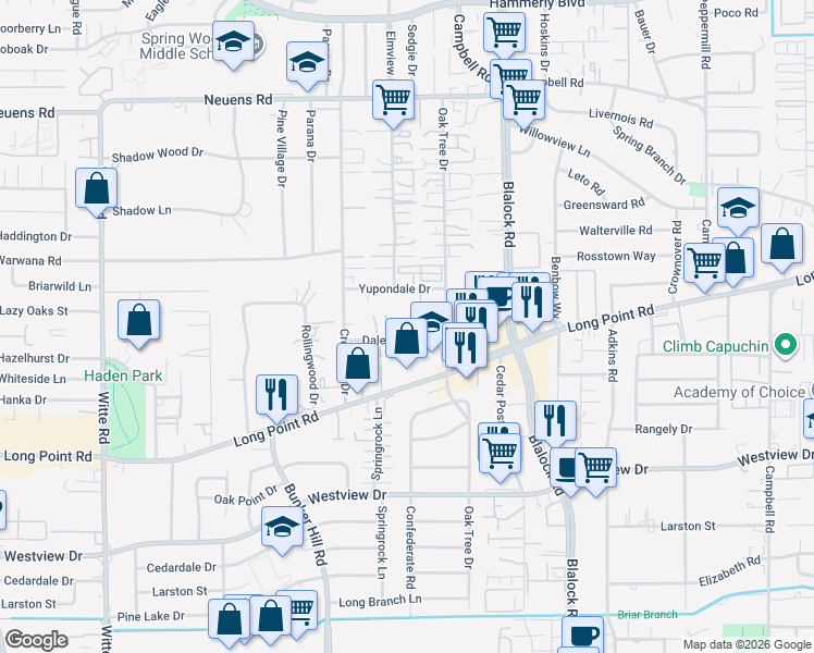 map of restaurants, bars, coffee shops, grocery stores, and more near 9500 Dalecrest Drive in Houston