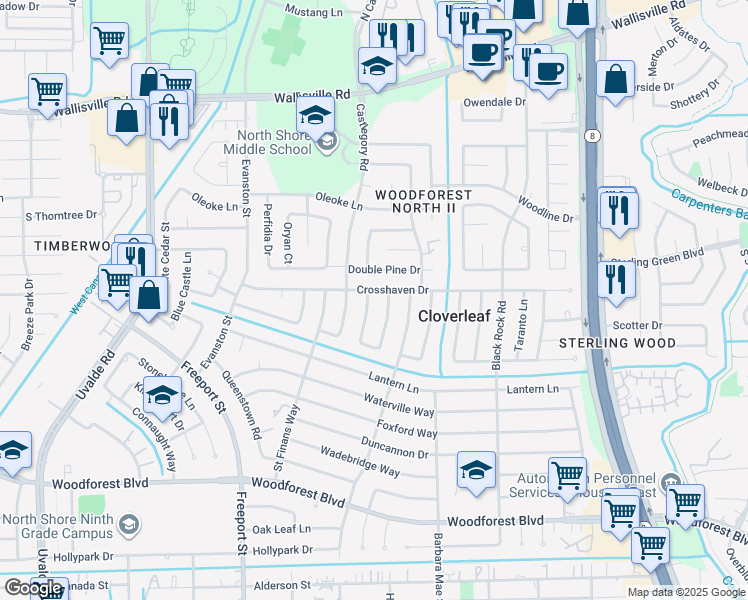 map of restaurants, bars, coffee shops, grocery stores, and more near 203 Andorra Lane in Houston