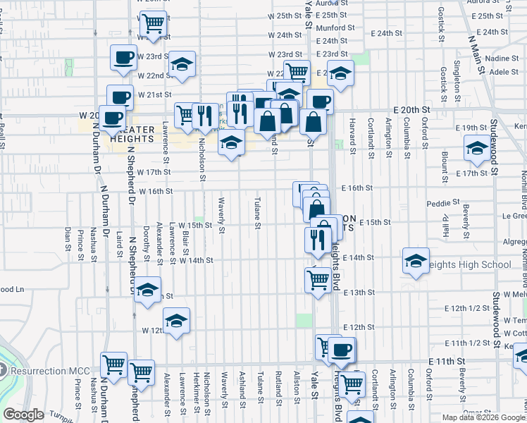 map of restaurants, bars, coffee shops, grocery stores, and more near 1527 Rutland Street in Houston