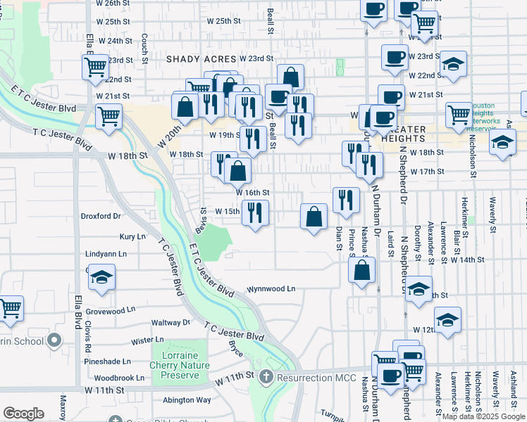 map of restaurants, bars, coffee shops, grocery stores, and more near 1529A Beall Street in Houston