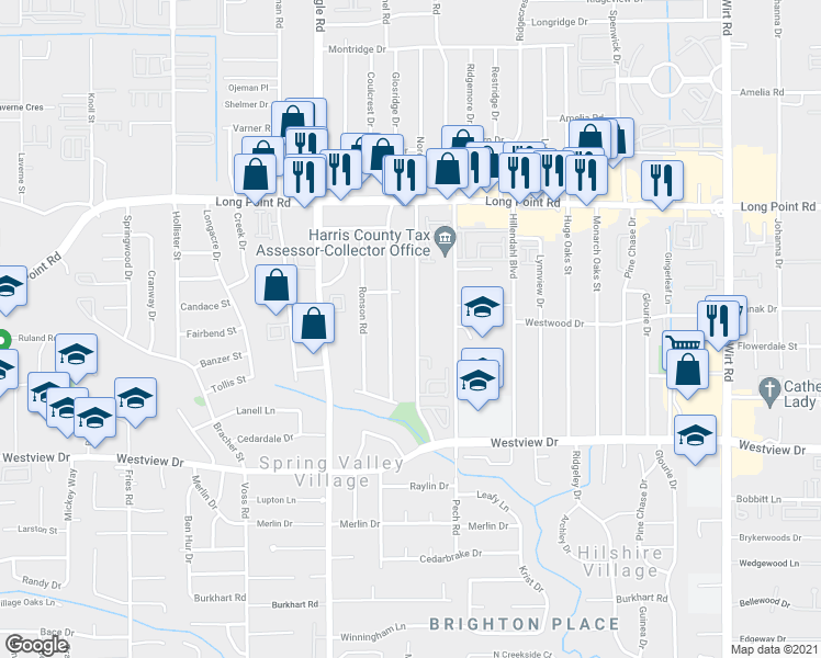 map of restaurants, bars, coffee shops, grocery stores, and more near 1541 Moritz Drive in Houston
