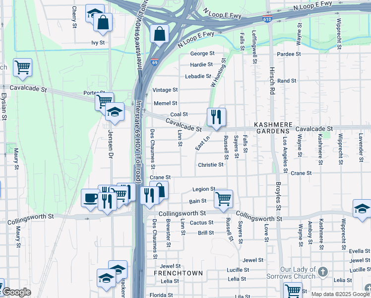 map of restaurants, bars, coffee shops, grocery stores, and more near 3308 Chickering Street in Houston
