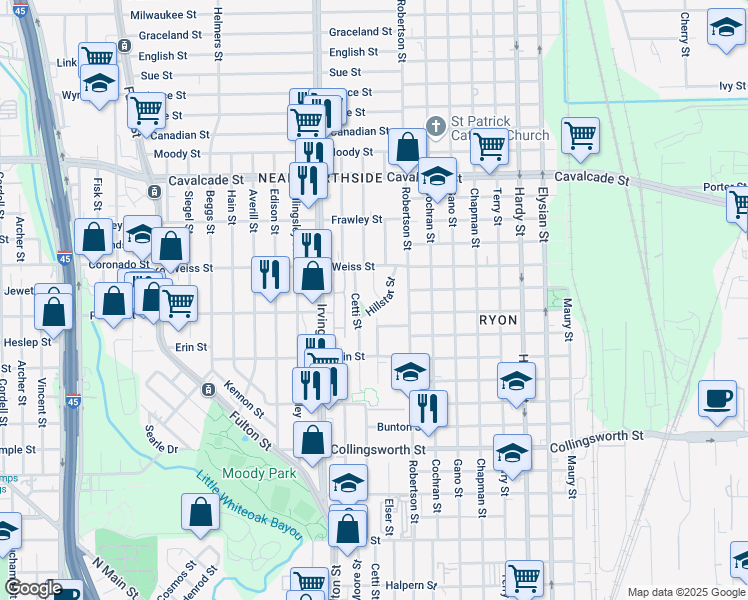 map of restaurants, bars, coffee shops, grocery stores, and more near 1022 Hillstar Street in Houston