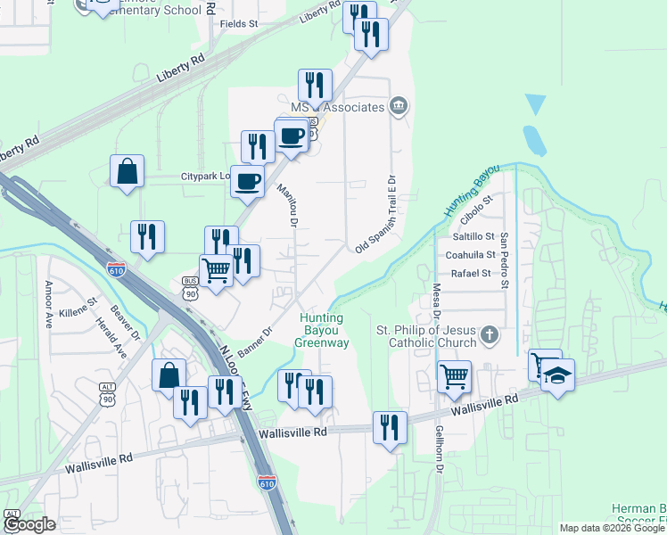 map of restaurants, bars, coffee shops, grocery stores, and more near 4324 Banner Drive in Houston