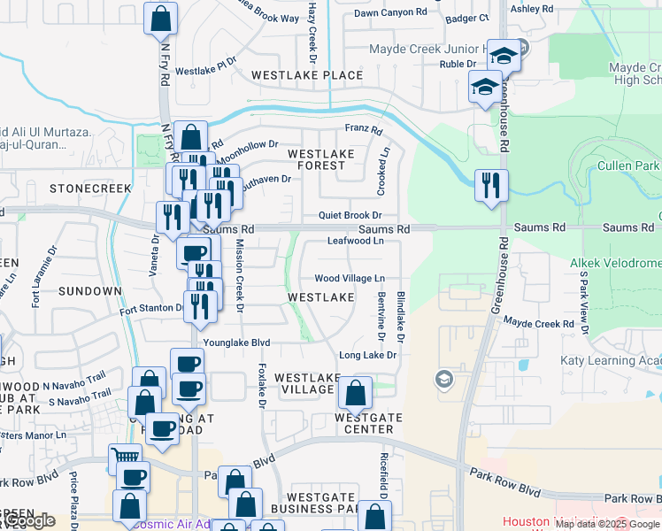 map of restaurants, bars, coffee shops, grocery stores, and more near 19406 Gagelake Lane in Houston
