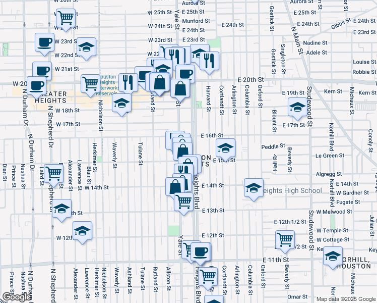 map of restaurants, bars, coffee shops, grocery stores, and more near 1523 Heights Boulevard in Houston