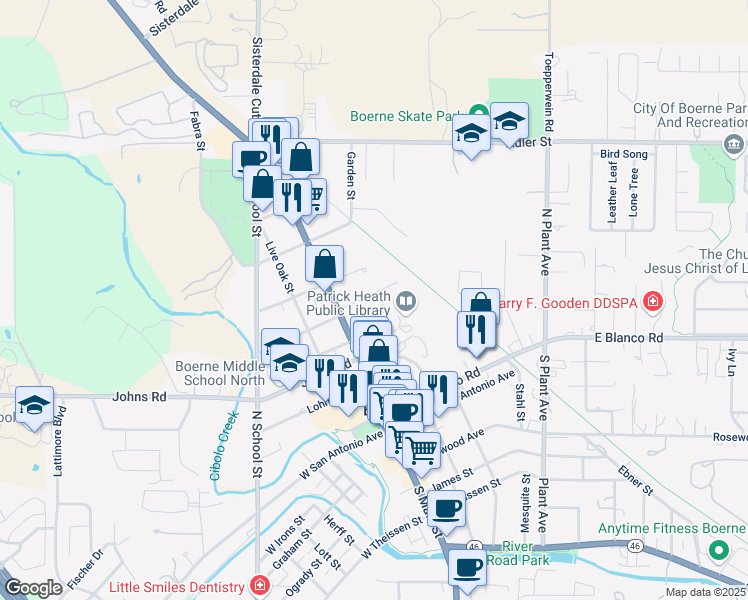 map of restaurants, bars, coffee shops, grocery stores, and more near 125 Richter Avenue in Boerne