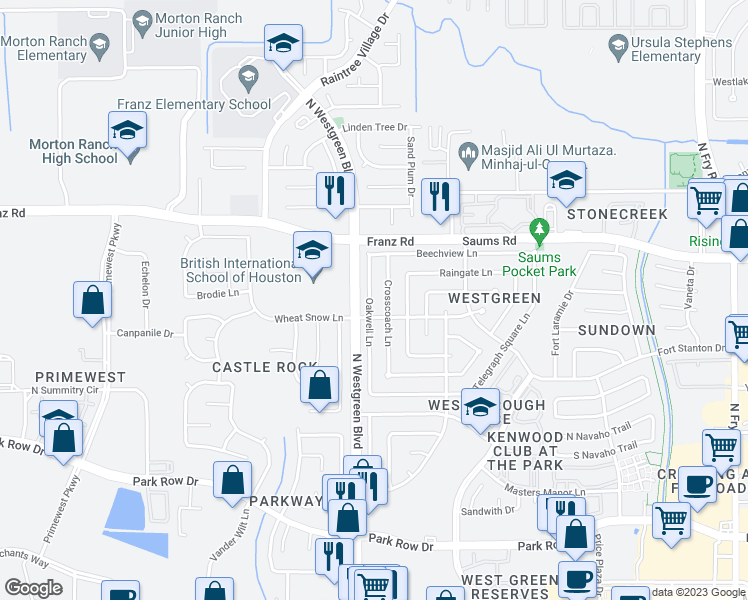 map of restaurants, bars, coffee shops, grocery stores, and more near 2114 Oakwell Lane in Katy