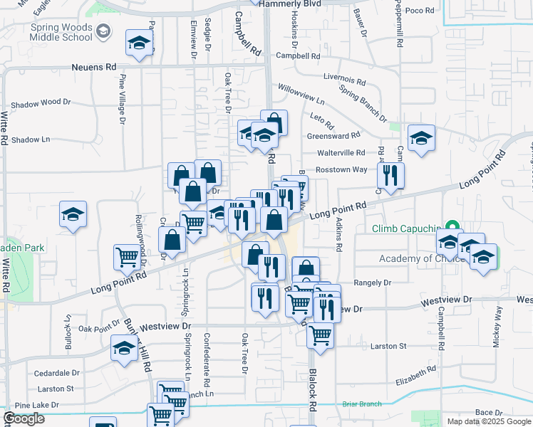 map of restaurants, bars, coffee shops, grocery stores, and more near 1517 Blalock Road in Houston